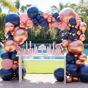 Pink And Navy Balloon Garland, Navy Blue And Pink Graduation Party, Navy Blue And Pink Birthday Party Ideas, Pink And Blue Decorations, Balloon Arch Blue, Neutral Balloon Arch, White Gold Balloon Garland, Navy Blue And Pink Wedding, Balloon Decorations Graduation