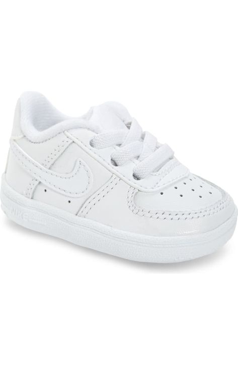 Nike Air Force 1 Sneaker (Baby, Walker & Toddler) | Nordstrom Baby Boy Shoes Nike, Boys White Shoes, Baby Blue Shoes, White Shoes Outfit, White Baby Shoes, Girls Tennis Shoes, Nike Force 1, Nike Air Force One, Baby Nike