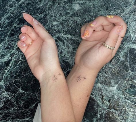 Two Sparkle Tattoo, North Star Matching Tattoos, Disney Star Tattoos For Women, Star Sprinkle Tattoo, Sparkle Tattoo On Finger, Small Star Wrist Tattoos, Sparkle Star Tattoo Hand, Little Star Tattoo Simple, Stars Sparkle Tattoo