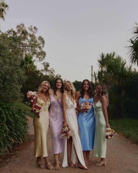 #spring #springwedding #wedding #weddings #pastelbridesmaids #bridesmaids #springweddinginspo #weddinginspo #weddinginspiration #pastelwedding Bridesmaid Dresses Different Colors, Wedding Guest Dress Trends, Pastel Bridesmaids, Multicolor Wedding, Spring Bridesmaid Dresses, Pastel Bridesmaid Dresses, Together Journal, Wedding Aesthetics, Spring Wedding Guest