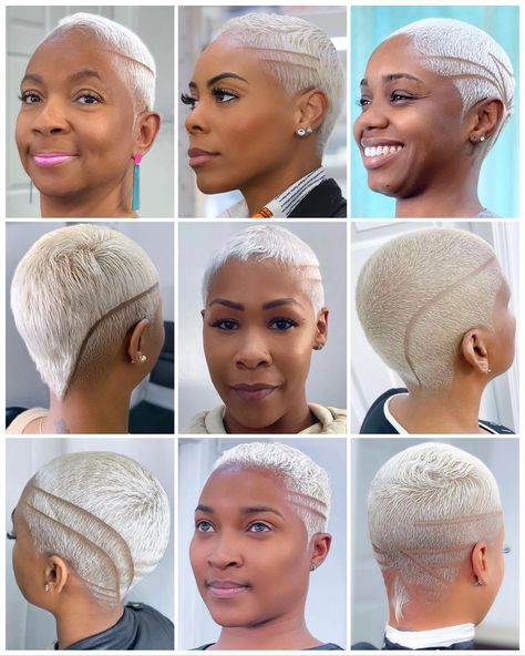 Low Haircut For Ladies, Blonde Bald Fade Women Black, Blonde Fade Black Women, Short Blonde Natural Hair, Blonde Short Hair Black Women, Short Colored Hair Black Women, Brush Cut For Black Women, Ladies Haircut Styles, Blonde Hair Designs