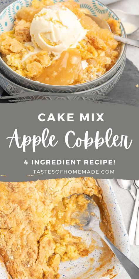 This apple dump cake is an easy apple cobbler using apple pie filling and boxed cake mix. It comes together with just four ingredients. A quick and easy dessert, this apple cobbler is delicious with a scoop of ice cream or topped with fresh whipped cream. It's perfect for any occasion. Cake Mix Apple Cobbler, Apple Dump Cake With Pie Filling, Easy Apple Cobbler, Homemade Apple Cobbler, Apple Cobbler Easy, Cake Mix Cobbler, Apple Dump Cake Recipe, Apple Dump Cake, Apple Cobbler Recipe