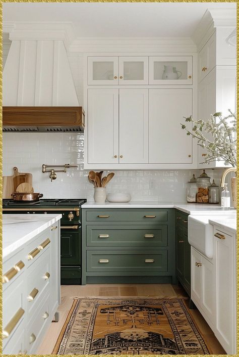 [Promotion] Wondering What The Best Paint For Painting Kitchen Cabinets Is? There's Several From Sherwin Williams, Benjamin Moore And More That Will Ensure Your Diy Job Lasts! #greenkitchencabinets Transitional Farmhouse Kitchen Design, Kitchen White Cabinets Green Walls, Two Tone Cabinets Green, Kitchen Green Cabinets Modern, Dark Green Island White Cabinets, Different Colored Kitchen Cabinets, Green Kitchen Cabinets With Black Hardware, Painted Cabinets With Wood Doors, Dark Green And White Kitchen Cabinets