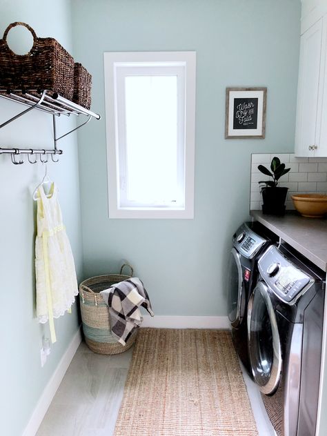 Laundry Room Reveal – Valley + Birch Laundry Room Color, Laundry Room Paint Color, Laundry Room Paint, Laundry Room Colors, Blue Laundry Rooms, Laundry Room Storage Shelves, Green Laundry, Room Storage Diy, Room Wall Colors