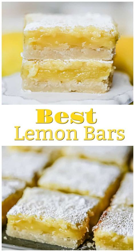 Best Lemon Bars - The rich tartness of the gooey lemon curd filling, the sweetness of the powdered sugar, the flaky buttery shortbread crust…*sigh* They practically "melt-in-your-mouth". #lemon #bars #spring #summer #dessert bars #citrus #shortbread #lemonbars Shortbread Crust Recipe, The Best Lemon Bars, Classic Lemon Bars, Best Lemon Bars, Butter Shortbread, Lemon Bars Easy, Popular Dessert, Curd Filling, Lemon Bar