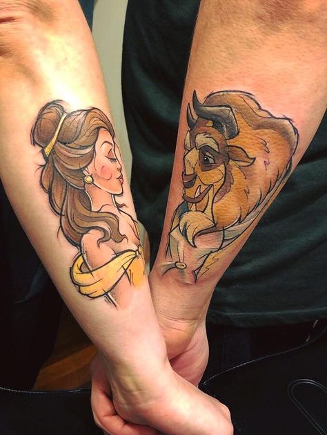 His And Hers Beauty And The Beast Tattoo, Beauty And Beast Matching Tattoos, Beauty Beast Tattoo Couples, Beauty And The Beast Matching Tattoos, Beauty And The Beast Couples Tattoo, Beauty And The Beast Tattoo Couples, Belle Tattoo Disney, Beast Tattoo Disney, Beauty And Beast Tattoo