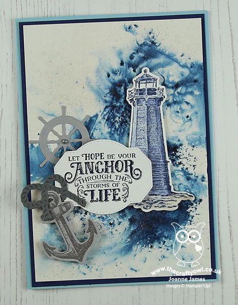 The Crafty Owl | Come Sail Away Brusho Lighthouse Anchor Card Anchor Card, Lighthouse Cards, Simple Card Designs, Bicycle Cards, Nautical Cards, Card Making Crafts, Craft Artists, Alcohol Ink Art, Heart Cards