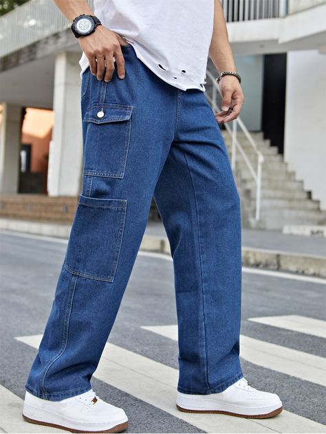 Dark Wash    Denim Plain Straight Leg  Non-Stretch  Men Denim Denim Cargos Men, Denim Cargo Pants Outfit Men, Denim Cargo Pants Outfit, Cargo Jeans Men, Loose Jeans Outfit, Side Pocket Pants, Cargo Pants Outfit Men, Stylish Men Wear, Mens Smart Casual Outfits