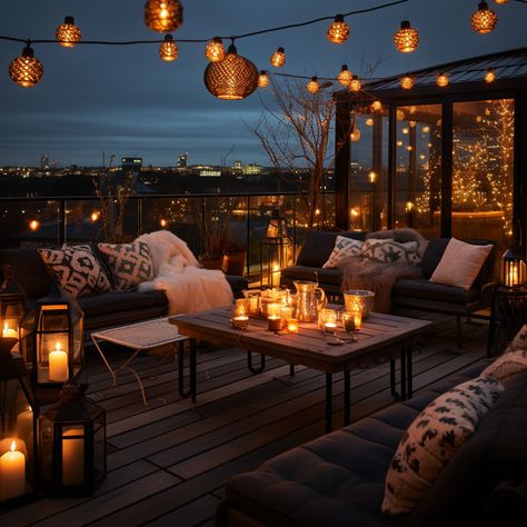 rooftop christmas - starry night with lanterns Terrace Lighting Ideas, Rooftop Decor, Villa Concept, Fire Area, Holiday Living Room, Hot Tub Gazebo, Apartment Exterior, Outdoor Lounge Area, Luxury Modern Homes