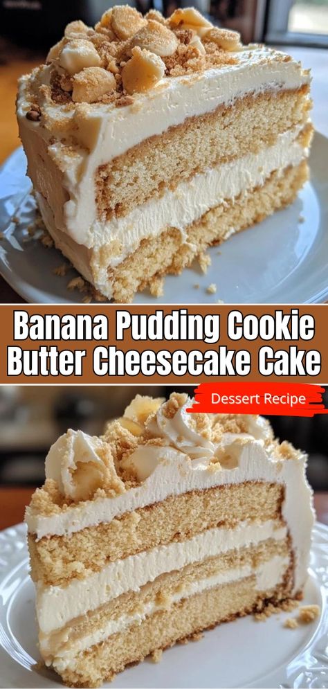 Banana Pudding Cookie Butter Cheesecake Cake Recipe That Will Wow Your Guests! Creamy Banana Pudding Cheesecake, Banana Pudding Cookie Butter Cheesecake, Banana Pie Cheesecake, Easy Banana Pudding Cookies, Cookie Butter Banana Pie, Banana Pudding Cookie Butter Cheesecake Cake, Banana Pudding With Nutter Butters, Easy Banana Pudding Cheesecake, Unique Deserts Ideas