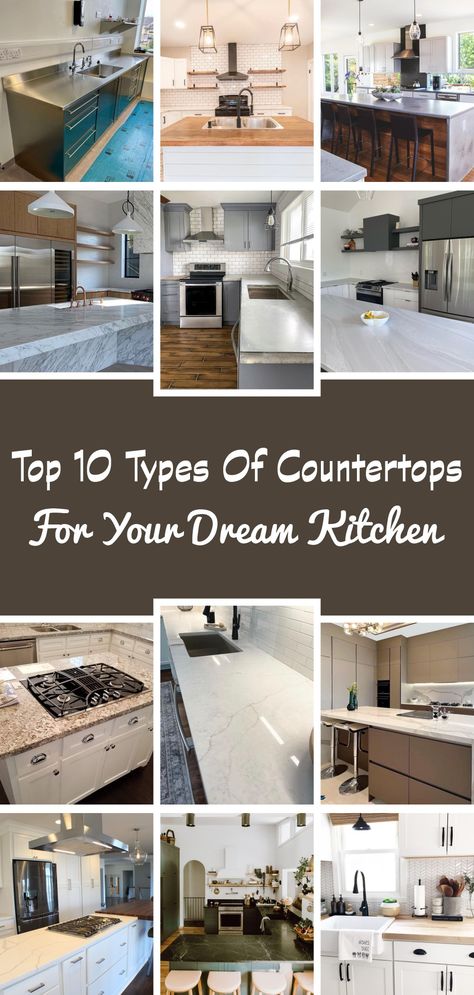 Whether you have a preference for natural stone like marble and granite or favor the aesthetics of concrete or ceramic tile, each type of countertop material possesses unique characteristics that should be taken into account to determine the most suitable choice for your needs. This guide outlines the most common types of countertops, providing insight into their pros and cons, allowing you to make an informed decision on the best material for your kitchen. #kitchen #kitchencountertop #kitchen Types Of Kitchen Countertops, Soapstone Kitchen, Waterfall Island Kitchen, Countertop Choices, Types Of Countertops, Wooden Countertops, Soapstone Countertops, Engineered Quartz, Countertop Material