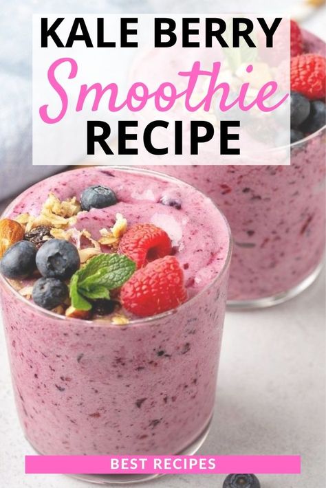 Raspberry Kale Smoothie, Kale And Berry Smoothie, Green Berry Smoothie Recipes, Berry Kale Smoothie, Kale Smoothie Recipes Flat Belly, Smoothies With Kale, Kale Smoothies, Berry Green Smoothie, Simple Smoothies