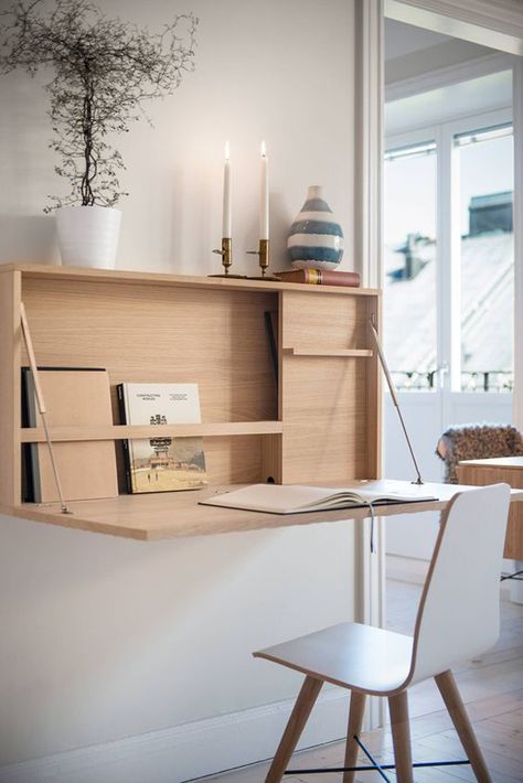 35 Functional Folding Desk Ideas For Small Space Solution | Home Design And Interior Tiny Office Storage Ideas, Hidden Desk In Living Room, Hidden Desks, Small Apartment Storage Solutions, Small Bedroom Office, Clever Furniture, Guest Bedroom Office, Space Optimization, Apartment Things