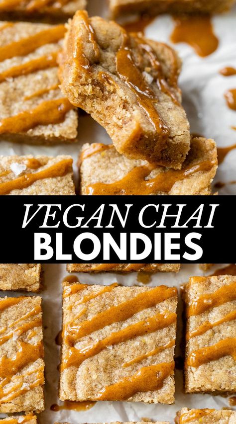 These Dirty Chai Blondies are vegan-friendly and made with cinnamon, ginger, nutmeg and drizzled with a quick espresso glaze for the ultimate dessert recipe. Chai Desserts Vegan, Quick Vegan Dessert 3 Ingredients, Vegan Chai Dessert, Vegan Ginger Snaps, Fall Baking Vegan, Easy Vegan Fall Desserts, Easy At Home Baking Recipes, Fall Desserts Vegan, Christmas Baking Vegan