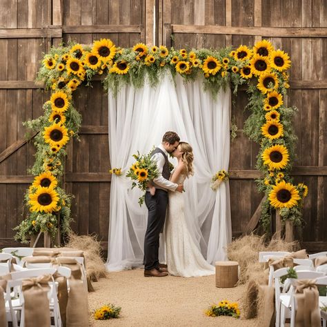 17 Ideas for a Sunflower Themed Wedding - Yeah Weddings Sunflower Yellow Wedding Theme, Sunflower Wedding Venue Ideas, Sunflower And Roses Wedding Decorations, Black Sunflower Wedding, Diy Sunflower Wedding, Burgundy And Sunflower Wedding, Sunflower Wedding Arch, Sunflower Party Ideas, Sunflower Fall Wedding