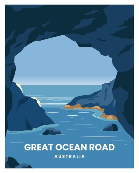 great ocean road beach in australia vector illustration with minimalist style. landscape background suitable for poster, postcard, art, print. Australia Illustration, Ocean Illustration, Watercolor Travel, Ocean Poster, Flat Art, Surf Poster, Minimalist Illustration, Beach Illustration, Airlie Beach