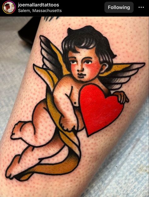 Victory Tattoo, Traditional Heart Tattoos, Americana Tattoo, Cupid Tattoo, Traditional Tattoo Old School, Traditional Tattoo Inspiration, Cherub Tattoo, Traditional Tattoo Sleeve, Fire Tattoo