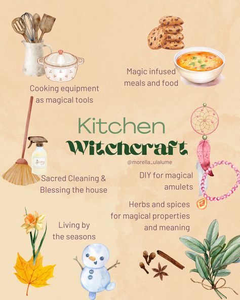 Read our blog post on kitchen witchcraft! What  makes a kitchen witch and what are her skills, how to become one and how to channel the aethetic? Head over to our article! Kitchen Witch Recipes For Health, Full Moon Kitchen Witch, Witch Meals, Cooking Witchcraft, Kitchen Witchery Recipes, Kitchen Witch Spells, Kitchen Grimoire, Hearth Witch Aesthetic, Kitchen Witch Aesthetic