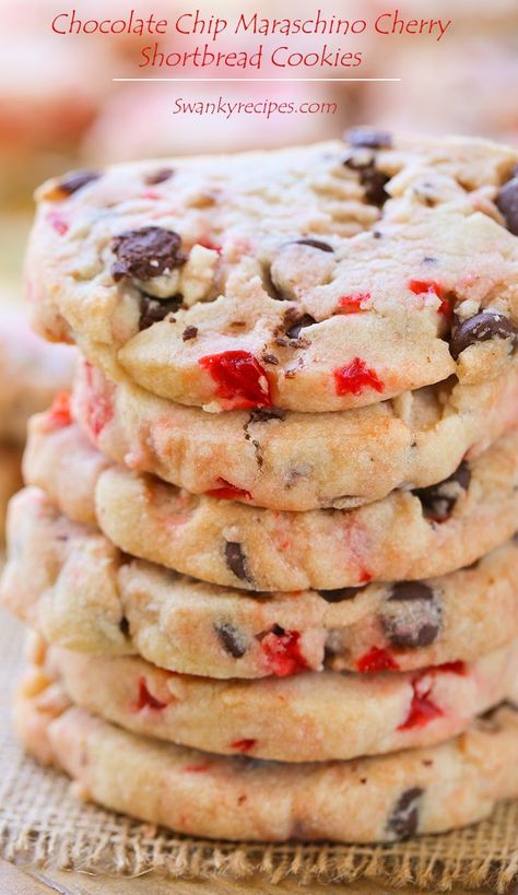 Chocolate Chip Maraschino Cherry Shortbread Cookies - Soft shortbread cookies stuffed with chocolate chips and maraschino cookies. These cookies are hit for the holidays and make a large batch. Maraschino Cherry Shortbread Cookies, Cherry Shortbread Cookies, Cherry Shortbread, Chocolate Chip Shortbread, Chocolate Christmas Cookies, Cookies Stuffed, Chocolate Chip Shortbread Cookies, Cherry Cookies, Lemon Sugar Cookies