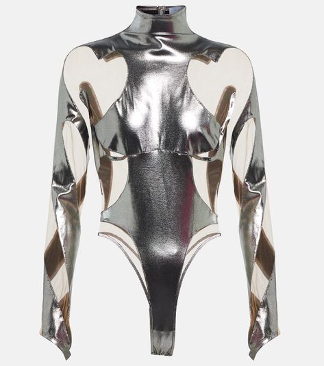 Material II: 100% cotton. Closure: snap-buttoned fastenings, zipped back. Material: 78% polyamide, 22% elastane. Designer color name: Chrome Silver / Nude 01. Care instructions: machine wash at 30 degrees. Made in Portugal. Chrome Outfits, Silver Bodysuit, Blackpink Outfit, Alien Clothes, Oc Inspo, Chrome Silver, Coachella Outfit, Outfit Design, Halloween Inspo