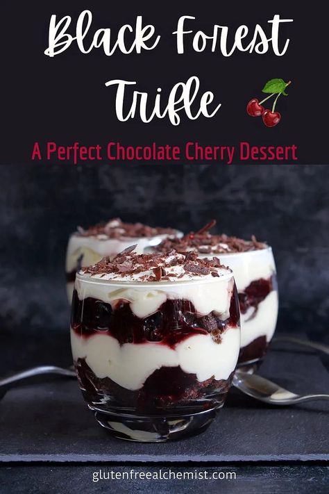 black-forest-trifle-pin Black Forest Cake Trifle, Brownie Cherry Trifle, Chocolate Cherry Trifle Desserts, Black Forest Trifle Christmas, Blackforest Trifle, Black Forest Trifle Desserts, Mascarpone Custard, Forest Desserts, Black Forest Trifle Recipe