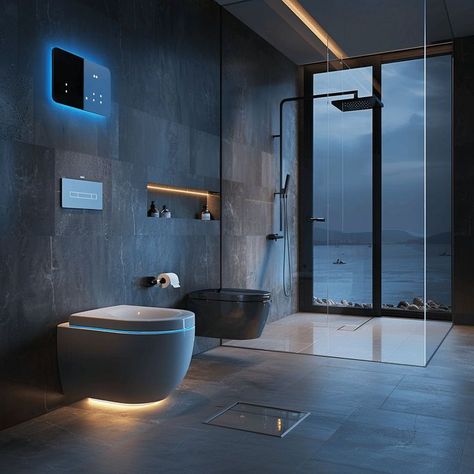 Modern bathroom design with sleek black fixtures and a smart toilet High Tech Bathroom, Modern Master Bathrooms, Edward George, Masculine Bathroom, Black Fixtures, Luxury Toilet, Integrated Lighting, Modern Bathroom Ideas, Bathroom Oasis