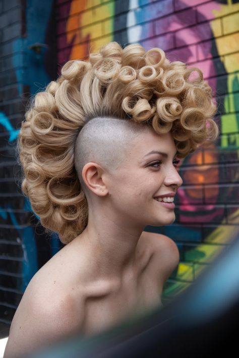 Embrace your unique flair with this striking curly hairstyles Mohawk that’s perfect for summer! This bold look features short, natural curls styled into a fierce mohawk, celebrating your individuality while effortlessly keeping you cool. Perfect for a casual day out or a fun school event, this hairstyle is easy to achieve and sure to turn heads. #curlyhairstyles #Mohawk #SummerStyle Long Curly Mohawk, Flower Mohawk, Bubble Braid Mohawk Short Hair, Curled Mohawk, Hairstyles Mohawk, Woman’s Mohawk Hairstyle, Curly Mohawk Hairstyles, Short Natural Curls, Curly Mohawk