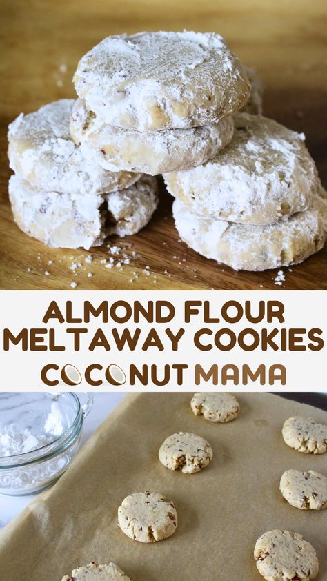 These almond flour meltaway cookies will melt in your mouth! These tasty cookies are gluten-free and made with almond flour. Almond Flour Butter Cookies, Almond Powdered Sugar Cookies, Dessert Recipes Using Almond Flour, Almond Milk Cookies, Christmas Cookies Almond Flour, Almond Flour Wedding Cookies, Almond Flour Coconut Cookies, Almond Flour Deserts, Almond Flour Cookies Healthy