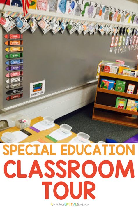 Need set-up ideas for your elementary special education classroom? This classroom tour is packed with photos and ideas for how to set up a space dedicated to your students needs. Lots of structure, visuals, and centers in this space. #backtoschool #classroomtour #elementaryspecialeducation Special Education Classroom Setup, Asd Classroom, Elementary Special Education Classroom, Special Ed Classroom, Special Education Ideas, Ed Classroom, Elementary Special Education, Classroom Tour, Life Skills Classroom