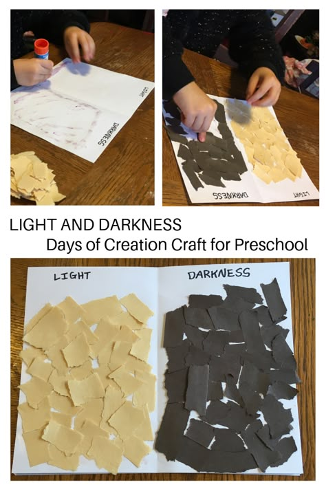 We're using this light and darkness collage for our Messy Church days of creation #biblecraft #sundayschool Genesis 1:3-5 Genesis Bible Project, Creation Day 4 Activities Preschool, First Day Of Creation Craft, Preschool Days Of Creation, Day 2 Creation Craft, Creation Bible Crafts For Preschoolers, Creation Day 1 Craft, Days Of Creation Crafts For Preschool, Light And Dark Crafts For Toddlers