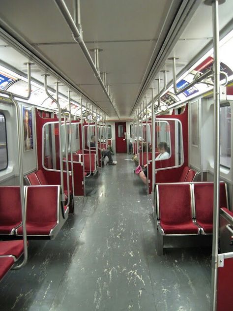 Interior T1 subway car, TTC Toronto,  photo by bucktracks Subway Car Interior, Aesthetic Assignment, Ttc Toronto, Toronto Transit, Toronto Aesthetic, Toronto Subway, Subway Car, Human Skeleton Anatomy, Toronto Street