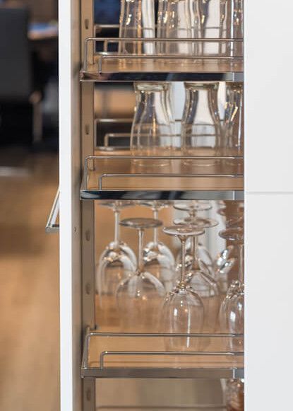 basement-pull-out-drawer-for-wine-glass-storage Glassware Storage Drawers, Glasses Kitchen Storage, Drawer Glass Storage, Pull Out Drawer For Glasses, Glass Storage Kitchen, Bar Glasses Storage Ideas, Glasses Drawer, Glass Storage In Kitchen, Wine Glass Drawer