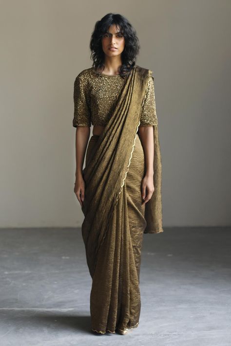 Buy Mimamsaa Gold Chanderi Silk Monica Sequin Work Blouse Online | Aza Fashions Designer Indian Wear, Saree Outfit, Saree Drapes, Tissue Saree, Saree For Women, Gold Blouse, Designer Saree Blouse Patterns, Scallop Hem, Stylish Sarees