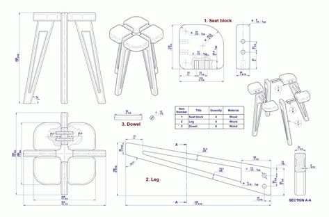 Kitchen stool - Parts and assembly drawings, exploded view and parts list Stool Woodworking Plans, Cnc Furniture Plans, Drawing Furniture, Joinery Design, Woodworking Shows, Cnc Furniture, Kitchen Stool, Woodworking Logo, Flat Pack Furniture