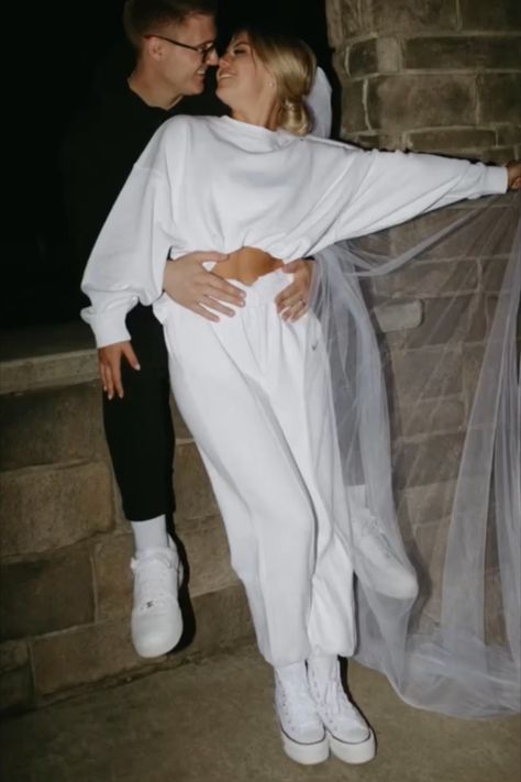 Bride Sweatsuit, White Sweatsuit, After Wedding Outfit, Sequins Jumpsuit, Nike Sweatsuit, Wedding Reception Outfit, Reception Outfit, Slice Of Pizza, Nye Wedding