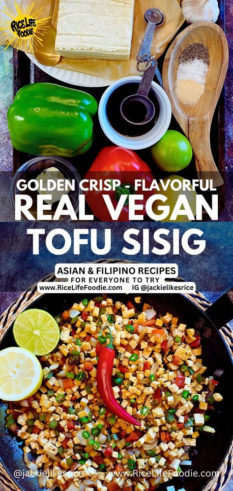 This tofu sisig recipe is life changing! It has golden crisped tofu, savory bell peppers, yummy sauce, and zesty lemon lime. No mayonnaise! It's truly a real, vegan recipe. Tofu Sisig, Sisig Recipe, Food Inspired, Vegan Beans, Filipino Food, Bean Curd, Chicken Livers, Vegan Recipe, Filipino Recipes