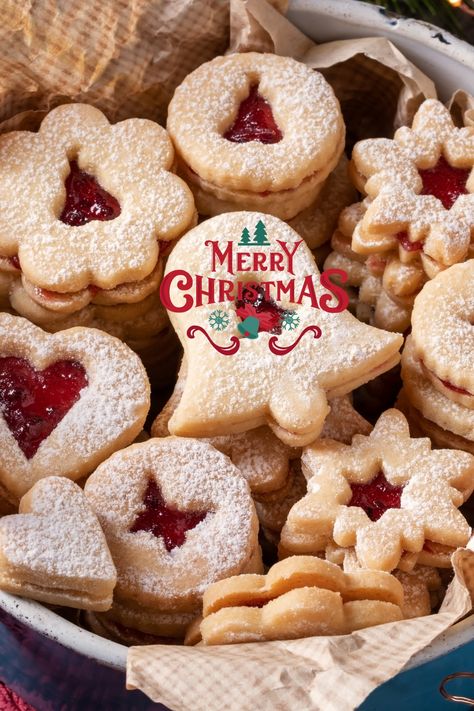 Cookie Box Ideas Christmas, Jam Cookies Christmas, Christmas Cookies To Mail, Strawberry Linzer Cookies, Holiday Treats For Gifts, Linzer Christmas Cookies, Jelly Filled Christmas Cookies, Christmas Cookies With Jam Filling, Gingerbread Linzer Cookies