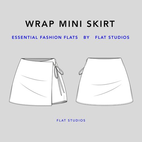 Wrap Mini Skirt - Women's Skirt, Vector CAD, Technical Drawing, Digital Download, Fashion Flat Sketch for Adobe Illustrator Tennis Skirt Technical Flat, Flat Skirt Sketch, Skirt Templates Patterns, Skirt Flat Sketch Front And Back, Wrap Skirt Sketch, Wrap Skirt Technical Drawing, Mini Skirt Flat Sketch, Mini Wrap Skirt Pattern, Mini Skirt Drawing Reference