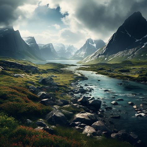 #norway #nature #hiking #fjord #nordic #norge #mountains #river #landscape #scandinavian Scandinavian Landscape, Norwegian Mountains, Viking Landscape, Nordic Landscape, Scandinavian Scenery, Norway Fantasy Art, Norwegian Landscape, Nordic Fantasy Landscape, Nordic Fjord