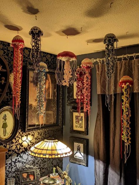 Whimsigoth Small Room, Posable Skeleton Ideas Inside, Witchy Walk In Closet, Crochet Jellyfish Room Decor, Diy Eclectic Wall Decor, Whimsical Ocean Bedroom, Pirate Core Aesthetic Bedroom, Ceiling Craft Ideas, Maximalist Ocean Decor