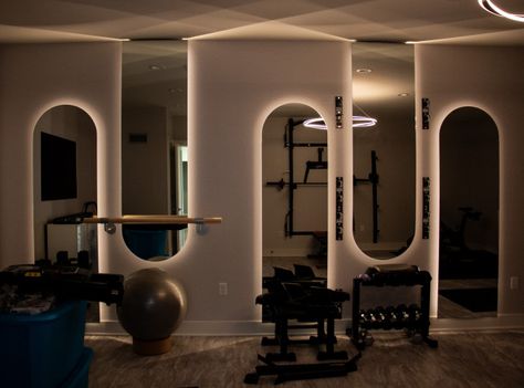 Modern Escape - Modern - Home Gym - Other - by Design Studio, LLC | Houzz UK Backlight Mirror Gym, Gym Door Ideas, Backlit Gym Mirror, Gym Mirror Design, Gym Mirror Ideas, Gym Mirror Wall, Modern Home Gym, Home Gym Mirrors, Dressing Room Mirror