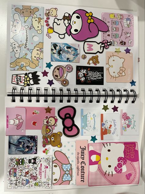 Journal Polaroid Ideas, Sanrio Scrapbook Ideas, Kawaii Junk Journal, Sanrio Sketchbook, Kawaii Journal Cover, Kawaii Scrapbook Ideas, Notebook Ideas Cover Design Diy, Sanrio Journaling, Sanrio Scrapbook