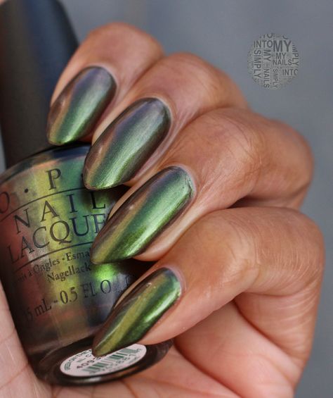 Simply Into My NAILS: Green On The Runway by OPI Green Iridescent Nails, Green Mettalic Nails, Irredescent Green Nails, Green Metallic Nails, Metallic Green Nails, Green Pearlescent Nails, Dark Green Iridescent Nails, Opi Green, Nails Iridescent