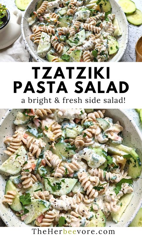 Healthier Pasta Salad, Tzatziki Pasta Salad, Vegetarian Potluck Recipes, Tzatziki Pasta, Pasta Salad Vegetarian, Tzatziki Dressing, Pasta Side Dish, Easy Tzatziki, Easy Bbq Side Dishes