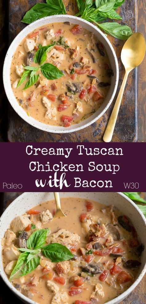 Say hello to comfort food season with this Creamy Tuscan Chicken Soup with Bacon!! Everything you love in a soup: cozy, delicious, so simple to make, healthy, veggie packed, and loved by all! Make this on the stovetop or Instant Pot for ultimate ease. Recipe is Paleo, Whole30 and Keto friendly. #instantpot #paleo #whole30 #keto #paleosoup #whole30soup #ketowhole30 Creamy Tuscan Chicken Soup, Tuscan Chicken Soup, Whole 30 Soup, Soup Cozy, Paleo Menu, Soup With Bacon, Creamy Tuscan Chicken, Broth Soup, Diet Lunch