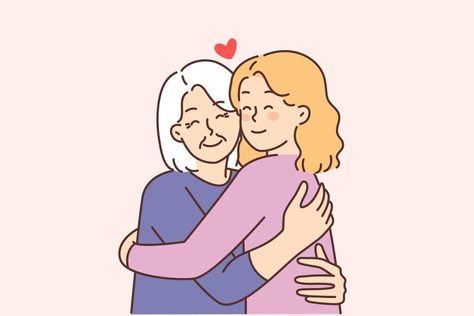 Mother And Daughter Hugging Drawing, Mom Hugging Daughter Drawing, Family Illustration Simple, Communicating Drawing, Family Hug Illustration, Aging Illustration, Family Love Illustration, Old Woman Illustration, Hug Icon