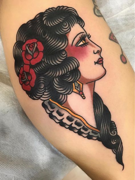 Tattoo uploaded by Tattoodo | Lady head tattoo by La Dolores #LaDolores #tattooartist #tattoodo #tattoodoapp #awesometattoo #besttattoo #traditional #rose #ladyhead #portrait #color | 1172029 | Tattoodo Lady Head Tattoo, Traditional Tattoo Meanings, Traditional Tattoo Girls, Traditional Tattoo Woman, Tato Tradisional, Traditional Tattoo Inspiration, Traditional Style Tattoo, Lady Face, Omerta Tattoo