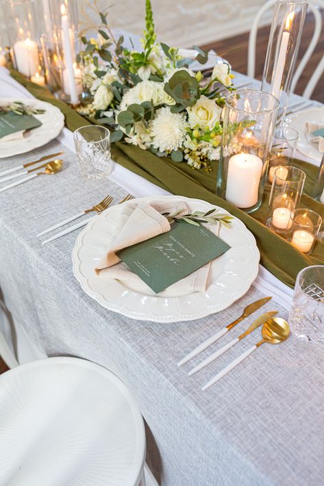 Champagne And Green Table Setting, Table Set Up With Candles, Sage And White Table Decor, Wedding Tealight Candles, Table Settings With Candles, Gold And Green Wedding Table Setting, Dinner Table Styling, Table Decorations White And Green, Top Table Candles