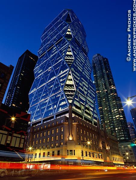 View of Hearst Tower at Dusk, NYC Hearst Tower, Modern Skyscrapers, Foster Partners, Facade Lighting, New York Pictures, Famous Architects, New York State Of Mind, Amazing Buildings, I Love New York