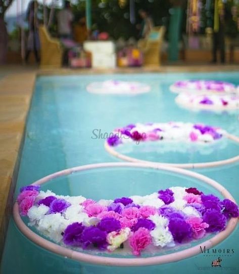 Poolside Wedding Ceremony, Colourful Floor, Mehandi Ceremony, Poolside Wedding, Ceremony Outfit, Poolside Decor, Miniature Candles, Floor Decoration, Telugu Wedding